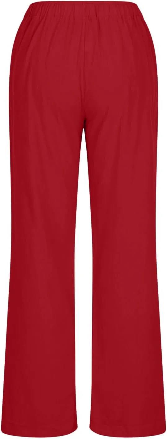 TARIENDY Women's Cotton Linen Pants Drawstring Elastic High Waist Wide Leg Lounge Palazzo Trousers Beach Vacation Outfits