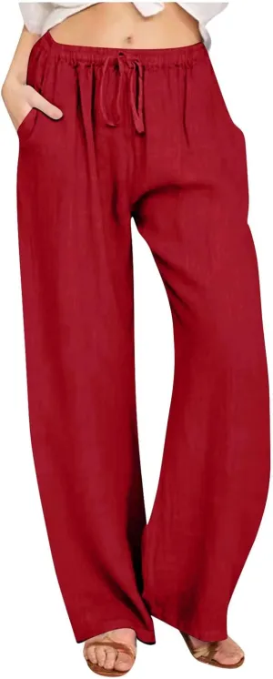 TARIENDY Women's Cotton Linen Pants Drawstring Elastic High Waist Wide Leg Lounge Palazzo Trousers Beach Vacation Outfits