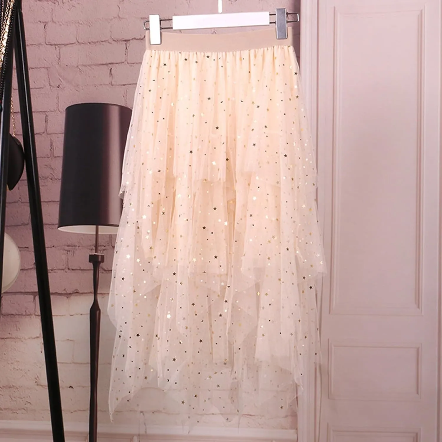 Tulle Sequin Skirt for Women Layered Ruffle Elastic Waist Tutu Midi Skirt Asymmetrical Mesh A-Line Skirt Wedding Party Skirt
