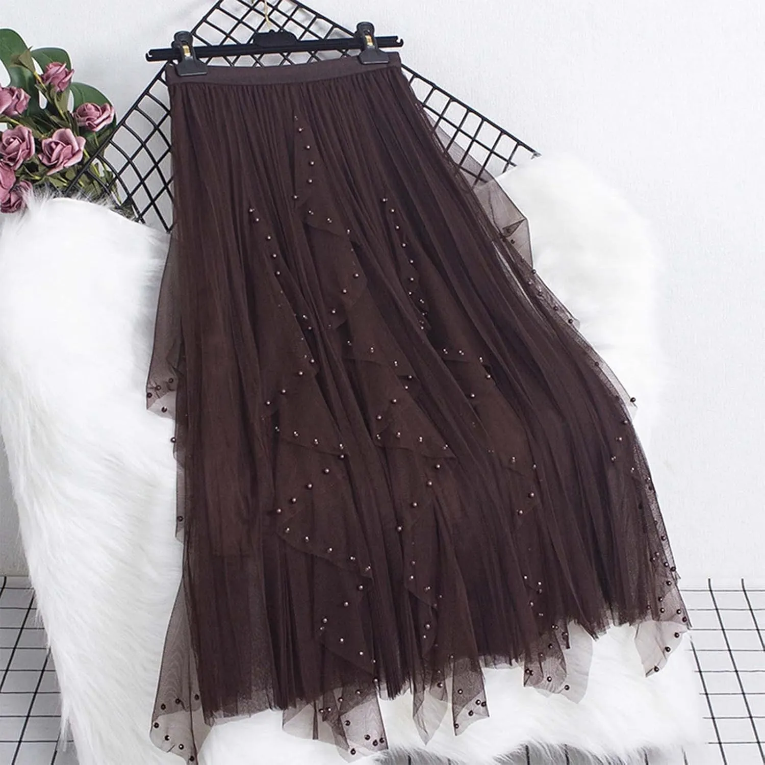 Tulle Sequin Skirt for Women Layered Ruffle Elastic Waist Tutu Midi Skirt Asymmetrical Mesh A-Line Skirt Wedding Party Skirt