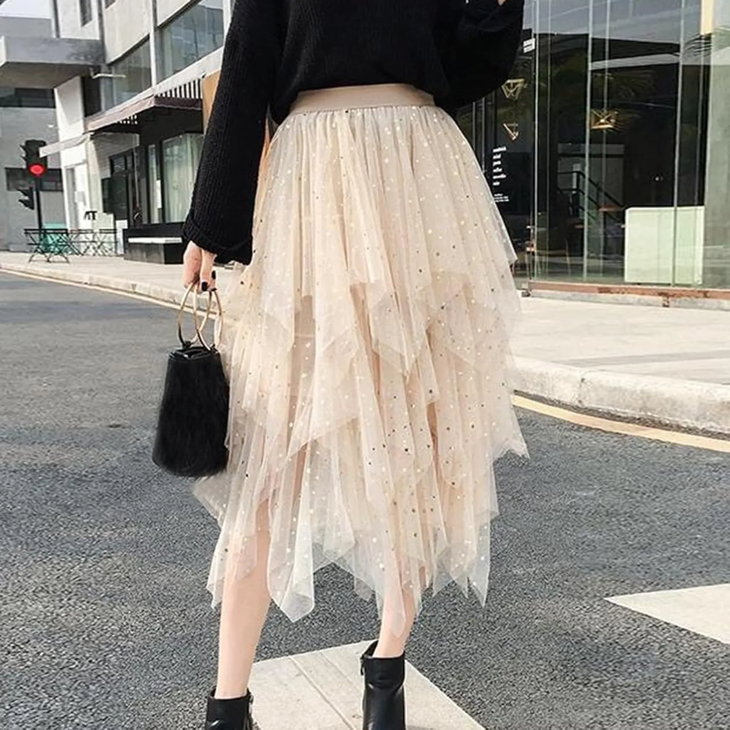 Tulle Sequin Skirt for Women Layered Ruffle Elastic Waist Tutu Midi Skirt Asymmetrical Mesh A-Line Skirt Wedding Party Skirt