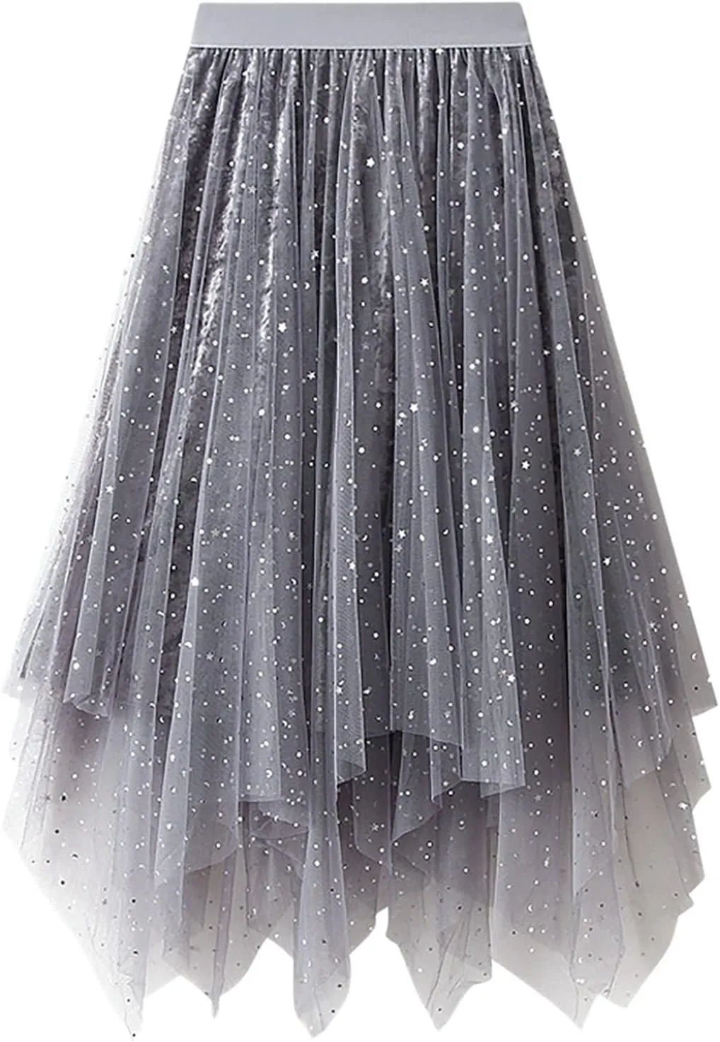 Tulle Sequin Skirt for Women Layered Ruffle Elastic Waist Tutu Midi Skirt Asymmetrical Mesh A-Line Skirt Wedding Party Skirt