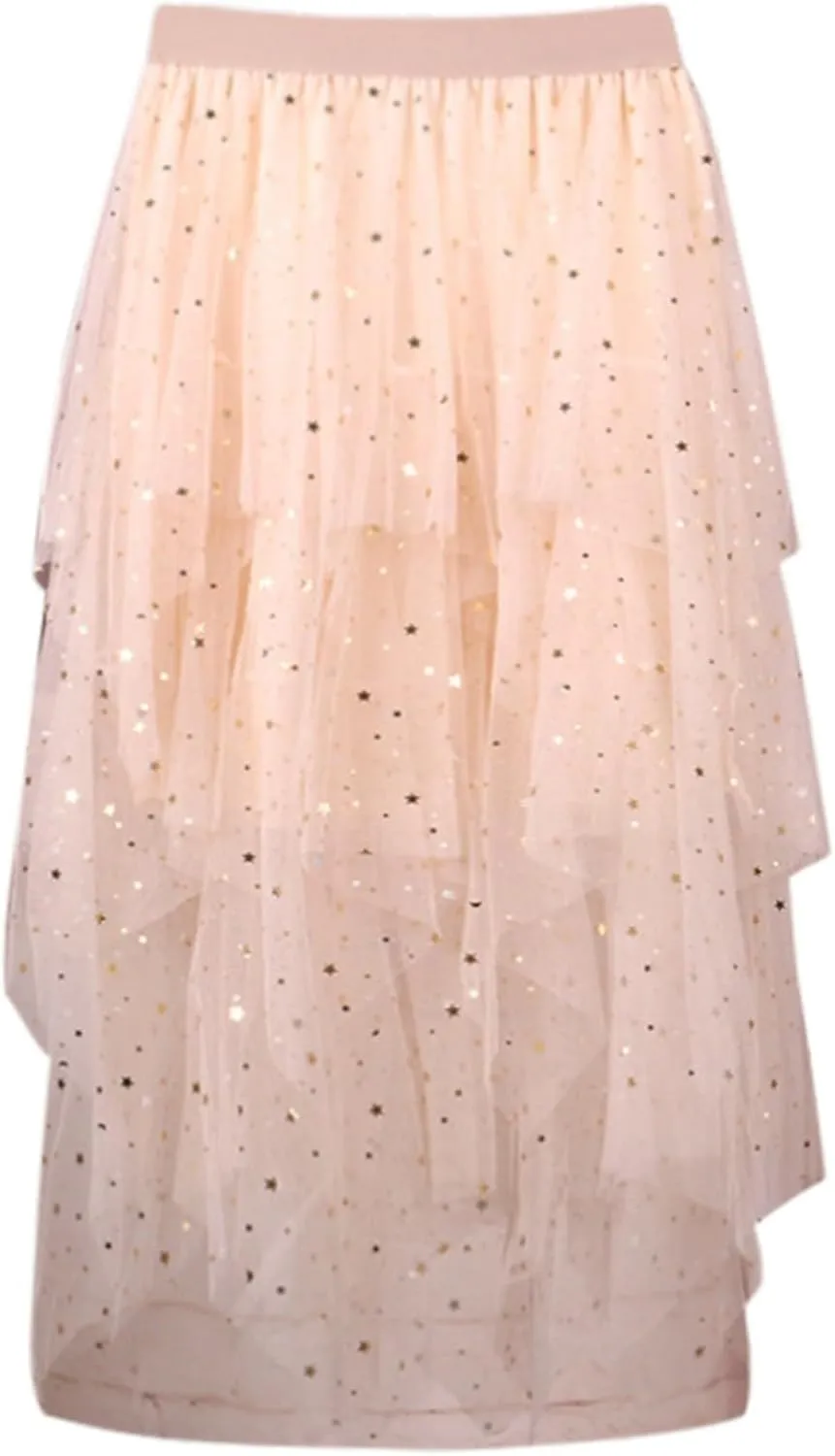 Tulle Sequin Skirt for Women Layered Ruffle Elastic Waist Tutu Midi Skirt Asymmetrical Mesh A-Line Skirt Wedding Party Skirt