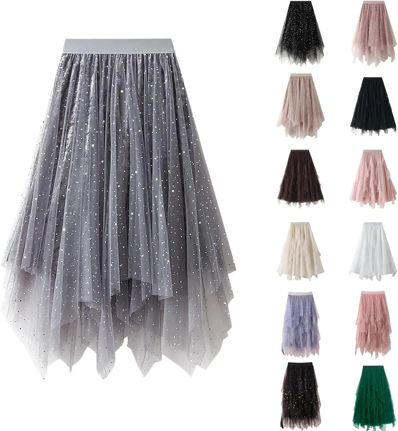 Tulle Sequin Skirt for Women Layered Ruffle Elastic Waist Tutu Midi Skirt Asymmetrical Mesh A-Line Skirt Wedding Party Skirt