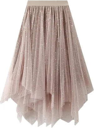 Tulle Sequin Skirt for Women Layered Ruffle Elastic Waist Tutu Midi Skirt Asymmetrical Mesh A-Line Skirt Wedding Party Skirt