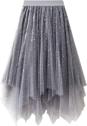 Tulle Sequin Skirt for Women Layered Ruffle Elastic Waist Tutu Midi Skirt Asymmetrical Mesh A-Line Skirt Wedding Party Skirt
