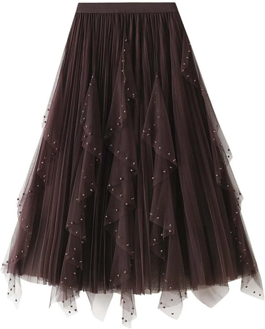 Tulle Sequin Skirt for Women Layered Ruffle Elastic Waist Tutu Midi Skirt Asymmetrical Mesh A-Line Skirt Wedding Party Skirt