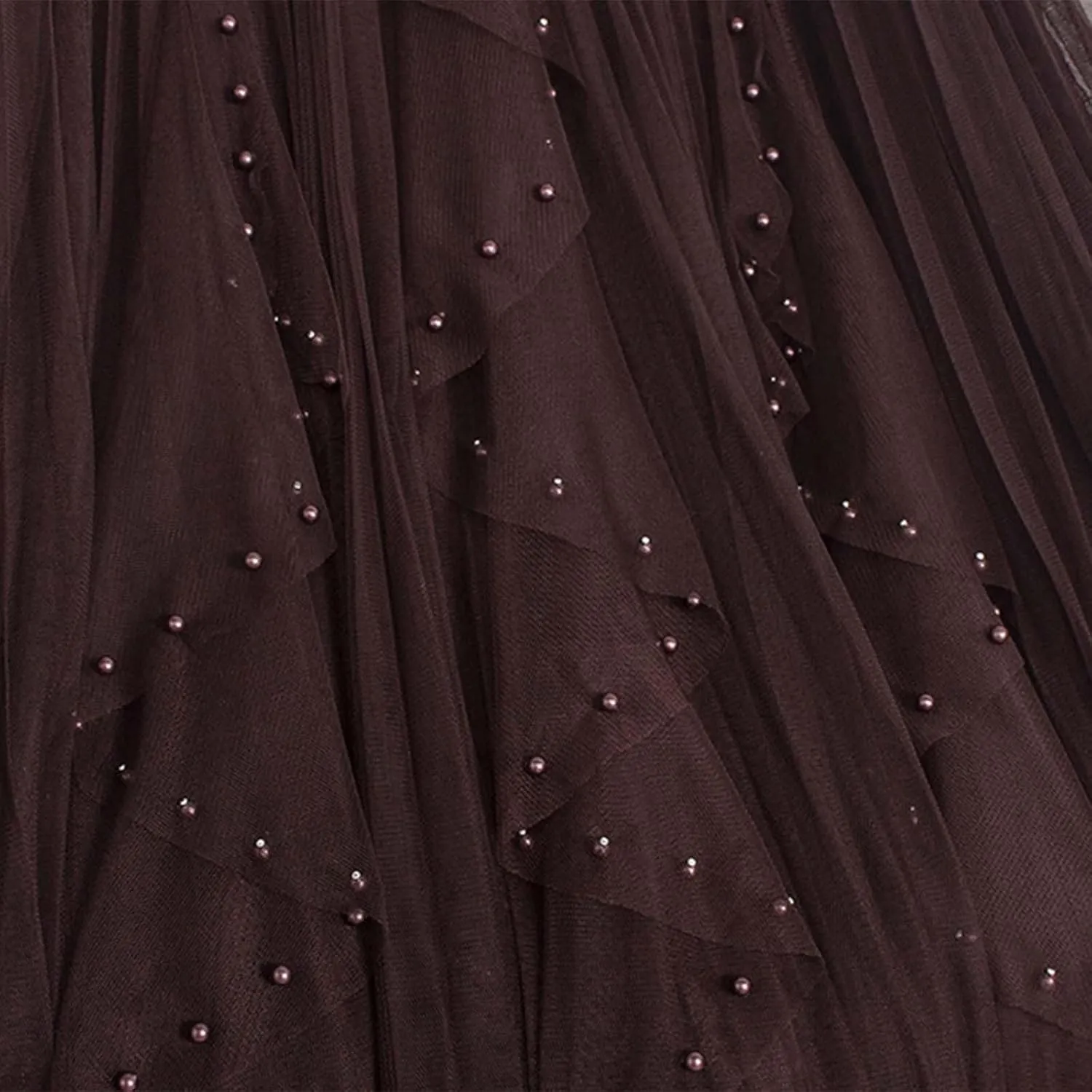 Tulle Sequin Skirt for Women Layered Ruffle Elastic Waist Tutu Midi Skirt Asymmetrical Mesh A-Line Skirt Wedding Party Skirt