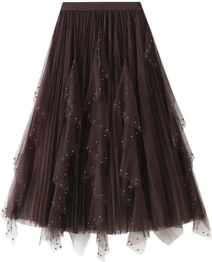 Tulle Sequin Skirt for Women Layered Ruffle Elastic Waist Tutu Midi Skirt Asymmetrical Mesh A-Line Skirt Wedding Party Skirt