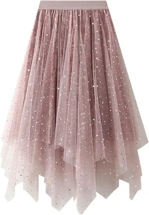 Tulle Sequin Skirt for Women Layered Ruffle Elastic Waist Tutu Midi Skirt Asymmetrical Mesh A-Line Skirt Wedding Party Skirt