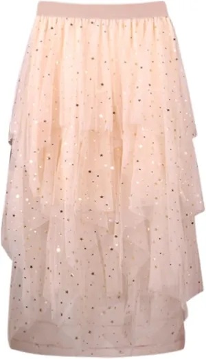 Tulle Sequin Skirt for Women Layered Ruffle Elastic Waist Tutu Midi Skirt Asymmetrical Mesh A-Line Skirt Wedding Party Skirt