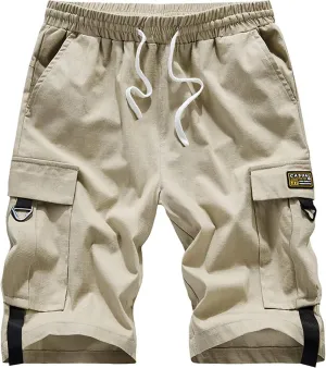Vcansion Women's Casual Cotton Elastic Waist Drawstring Loose Fit Outdoor Multi-Pockets Cargo Shorts