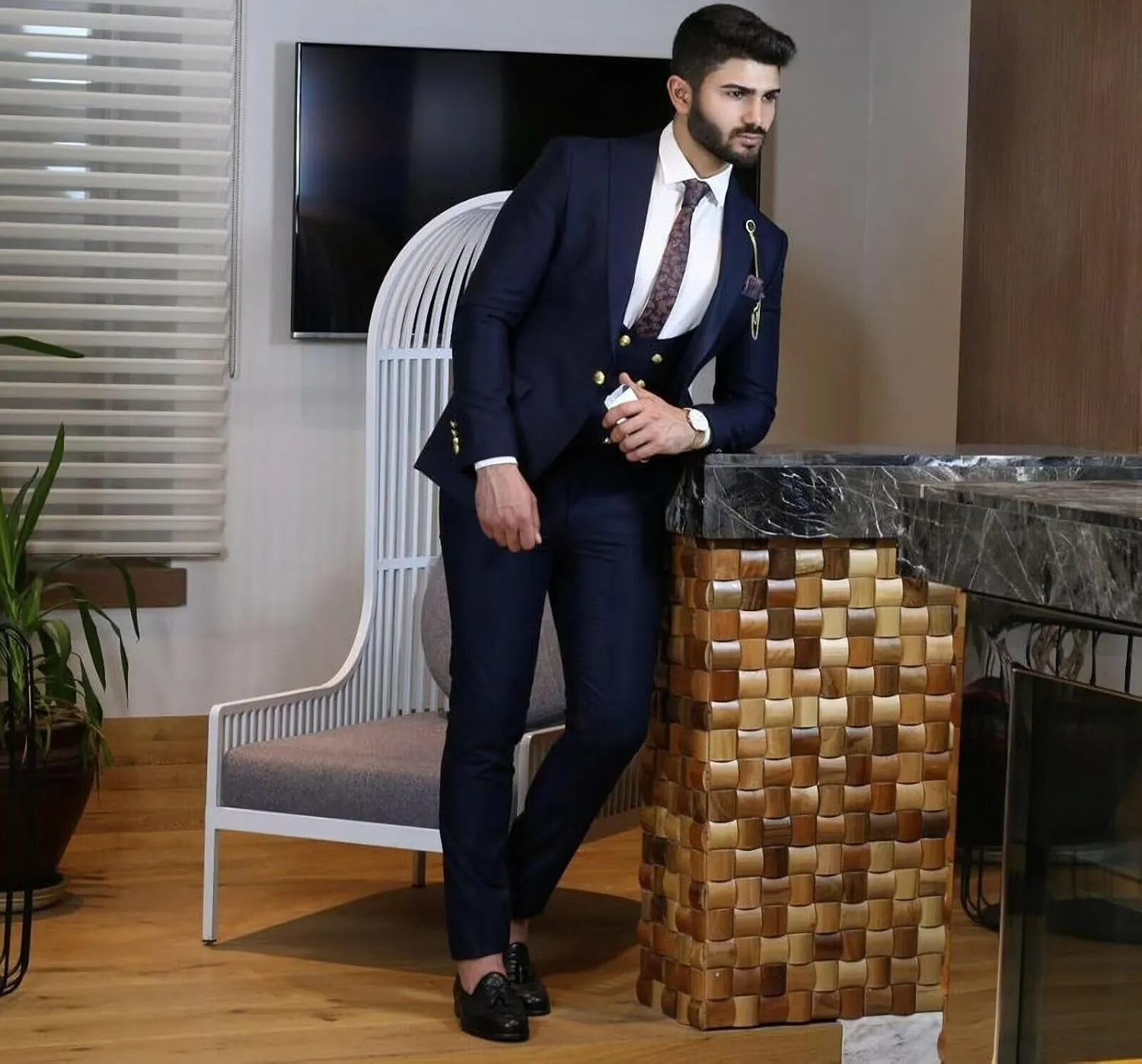 Wangyue Mens 3 Piece Suit Slim Fit Suits for Men Double Breasted Suit Men Wedding Prom Suits