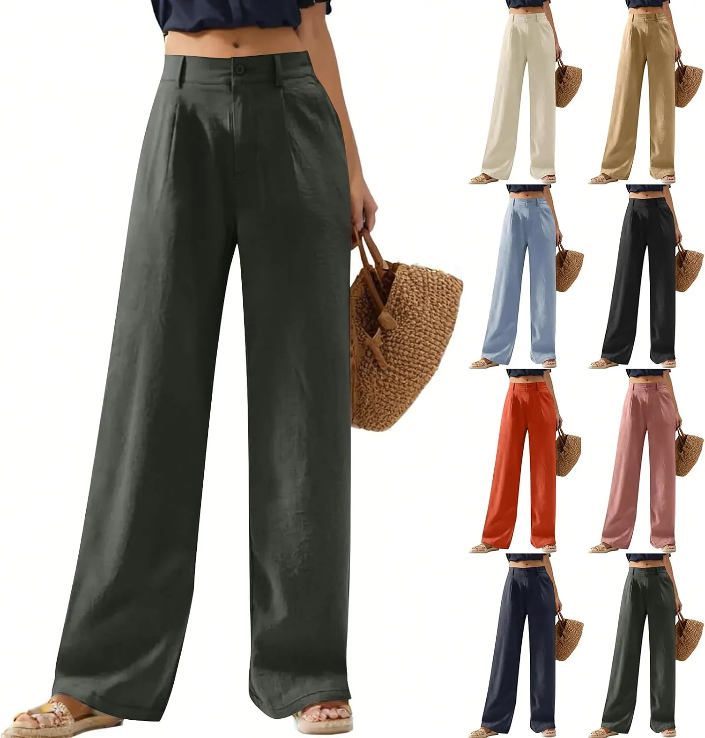 Wide Leg Linen Pants for Women Business Casual High Waisted Dress Pants Office Work Pants Straight Trousers w/Pockets