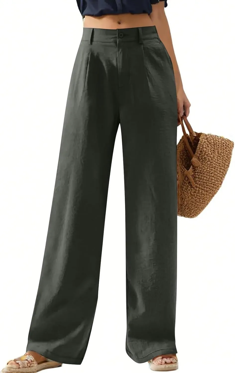 Wide Leg Linen Pants for Women Business Casual High Waisted Dress Pants Office Work Pants Straight Trousers w/Pockets