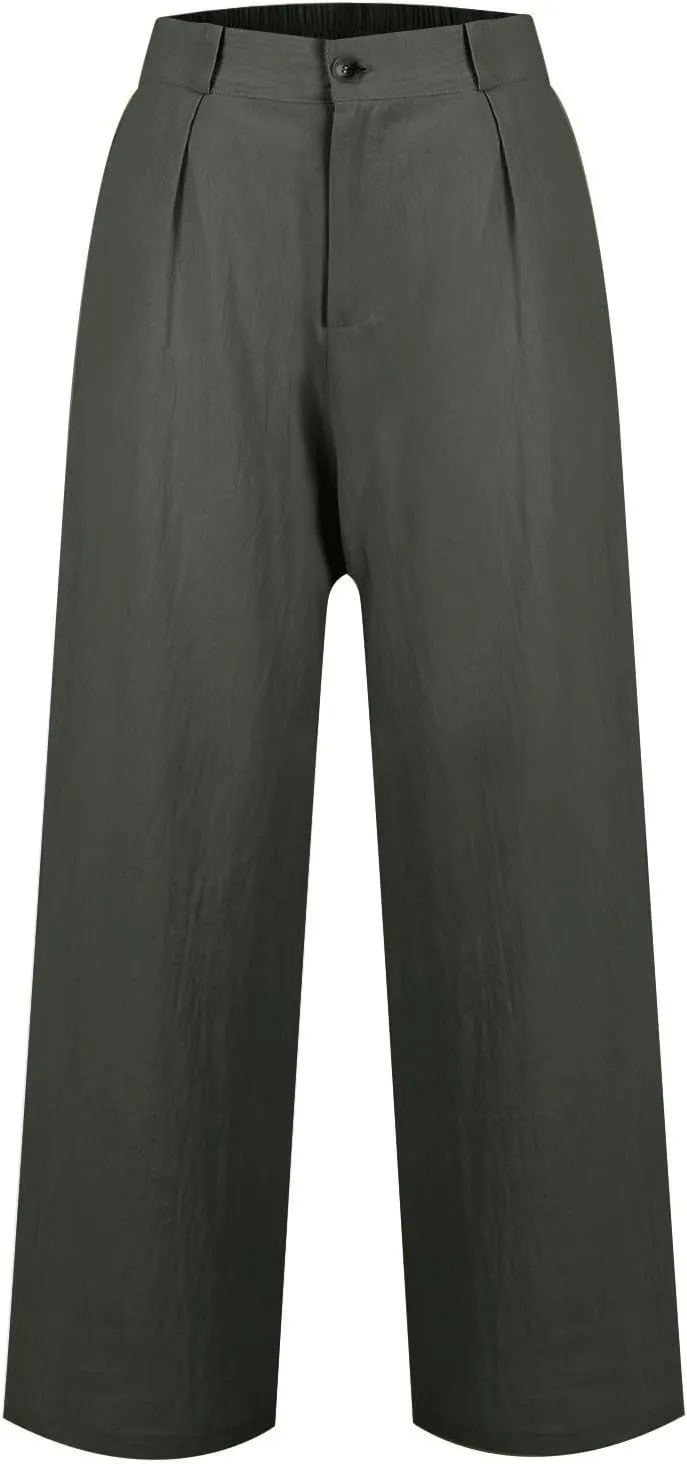 Wide Leg Linen Pants for Women Business Casual High Waisted Dress Pants Office Work Pants Straight Trousers w/Pockets