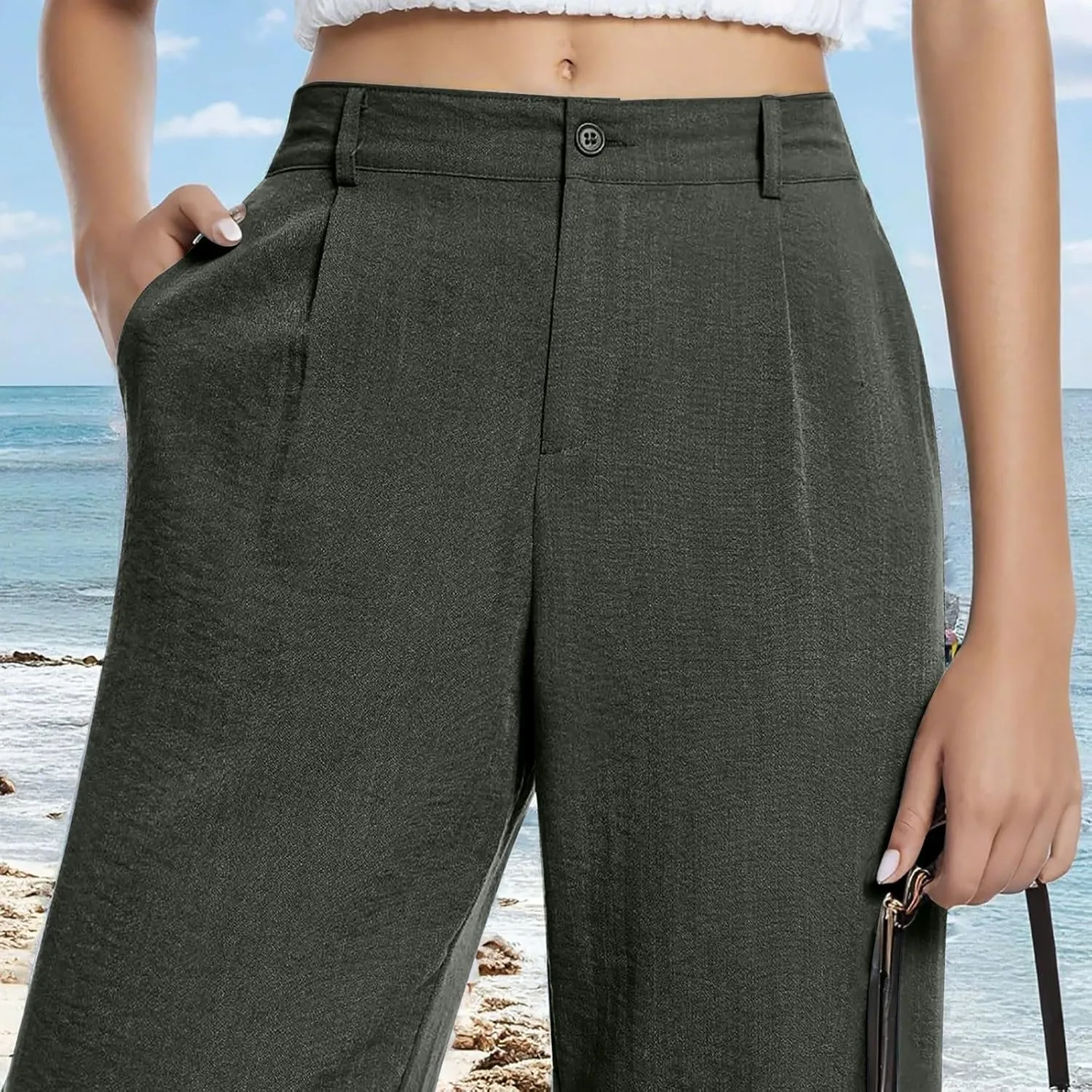 Wide Leg Linen Pants for Women Business Casual High Waisted Dress Pants Office Work Pants Straight Trousers w/Pockets
