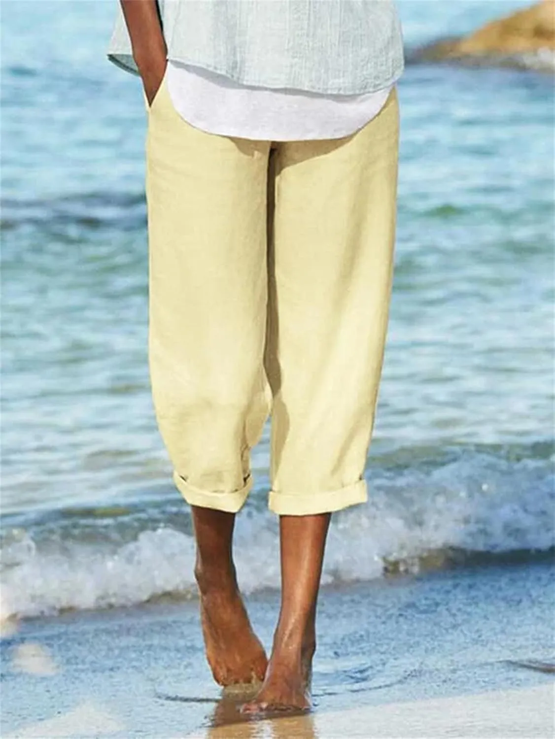 Wide Leg Linen Pants for Women Casual Summer Capris Cotton Linen Palazzo Pants Baggy Trousers with Pockets