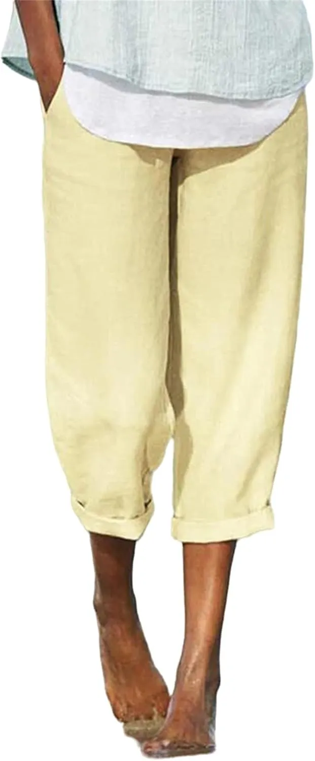 Wide Leg Linen Pants for Women Casual Summer Capris Cotton Linen Palazzo Pants Baggy Trousers with Pockets