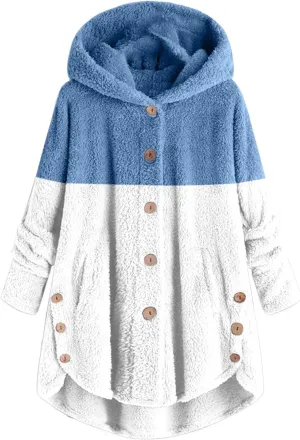 Winter Coats for Women Button Hem Plus Size Hoodie Top Sweater Blouse Color Block Patchwork Cardigan Coats Womens