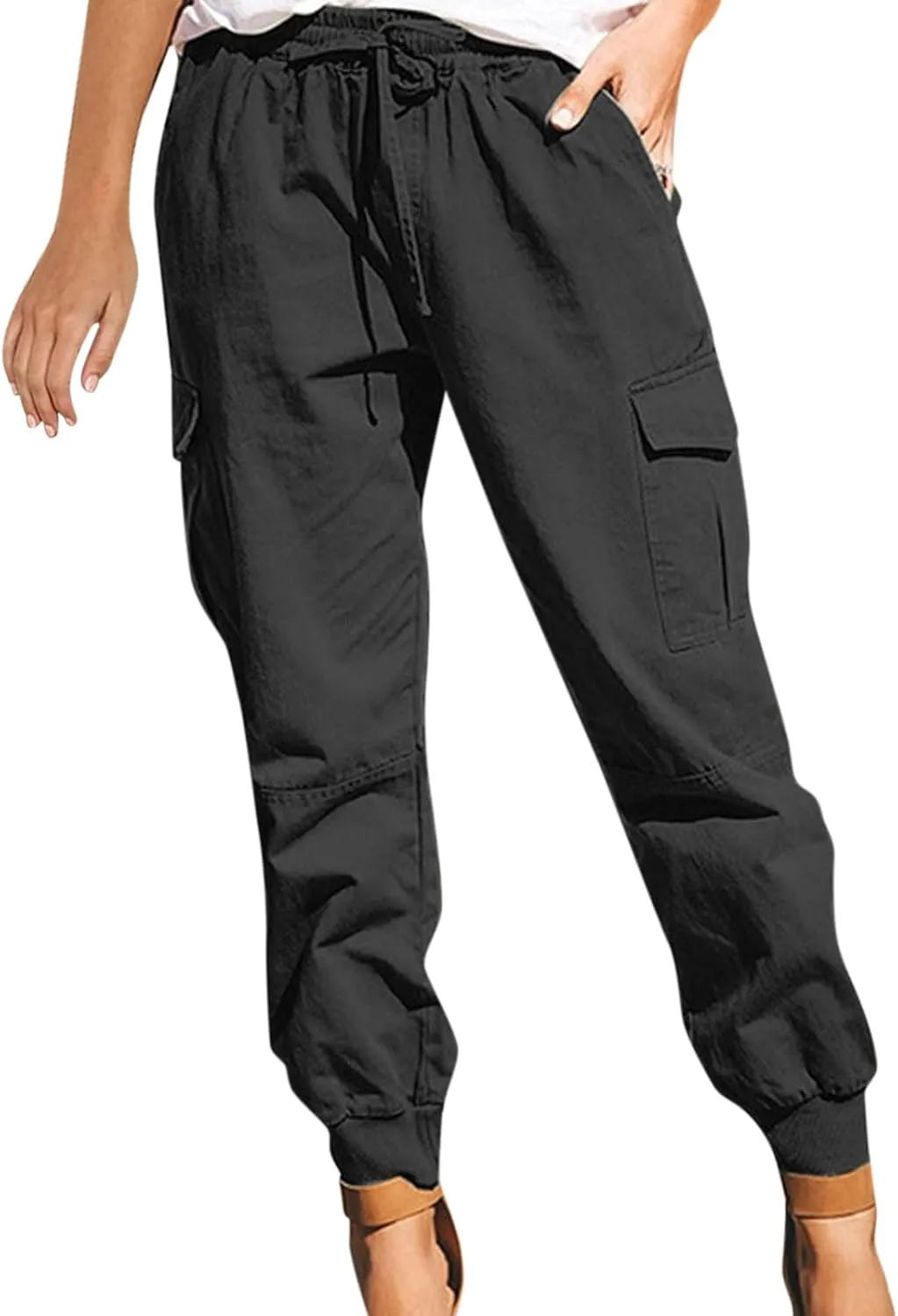 Women Cargo Pants Combat Military Trousers Drawstring Elastic Waist Tapered Pants Baggy Slacks with Multiple Pockets