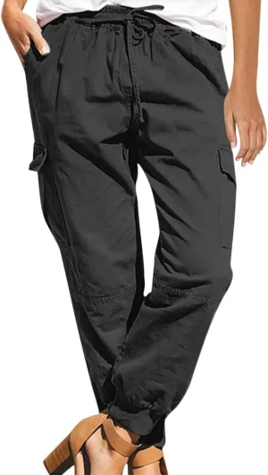 Women Cargo Pants Combat Military Trousers Drawstring Elastic Waist Tapered Pants Baggy Slacks with Multiple Pockets