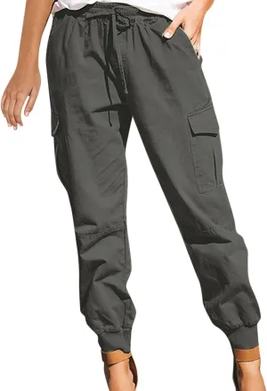 Women Cargo Pants Combat Military Trousers Drawstring Elastic Waist Tapered Pants Baggy Slacks with Multiple Pockets