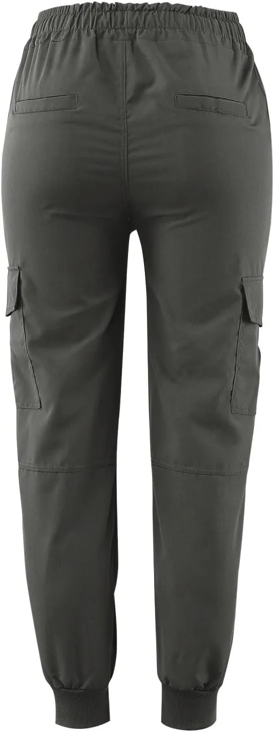 Women Cargo Pants Combat Military Trousers Drawstring Elastic Waist Tapered Pants Baggy Slacks with Multiple Pockets