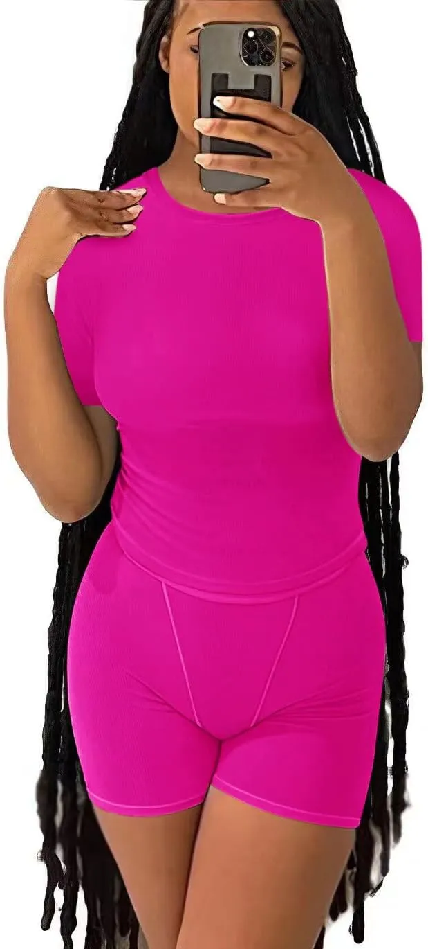 Women Casual Workout Sets 2 Pieces Lounge Wear High Waist Shorts Set Yoga Outfits Short Sleeve Ribbed Elastic Top