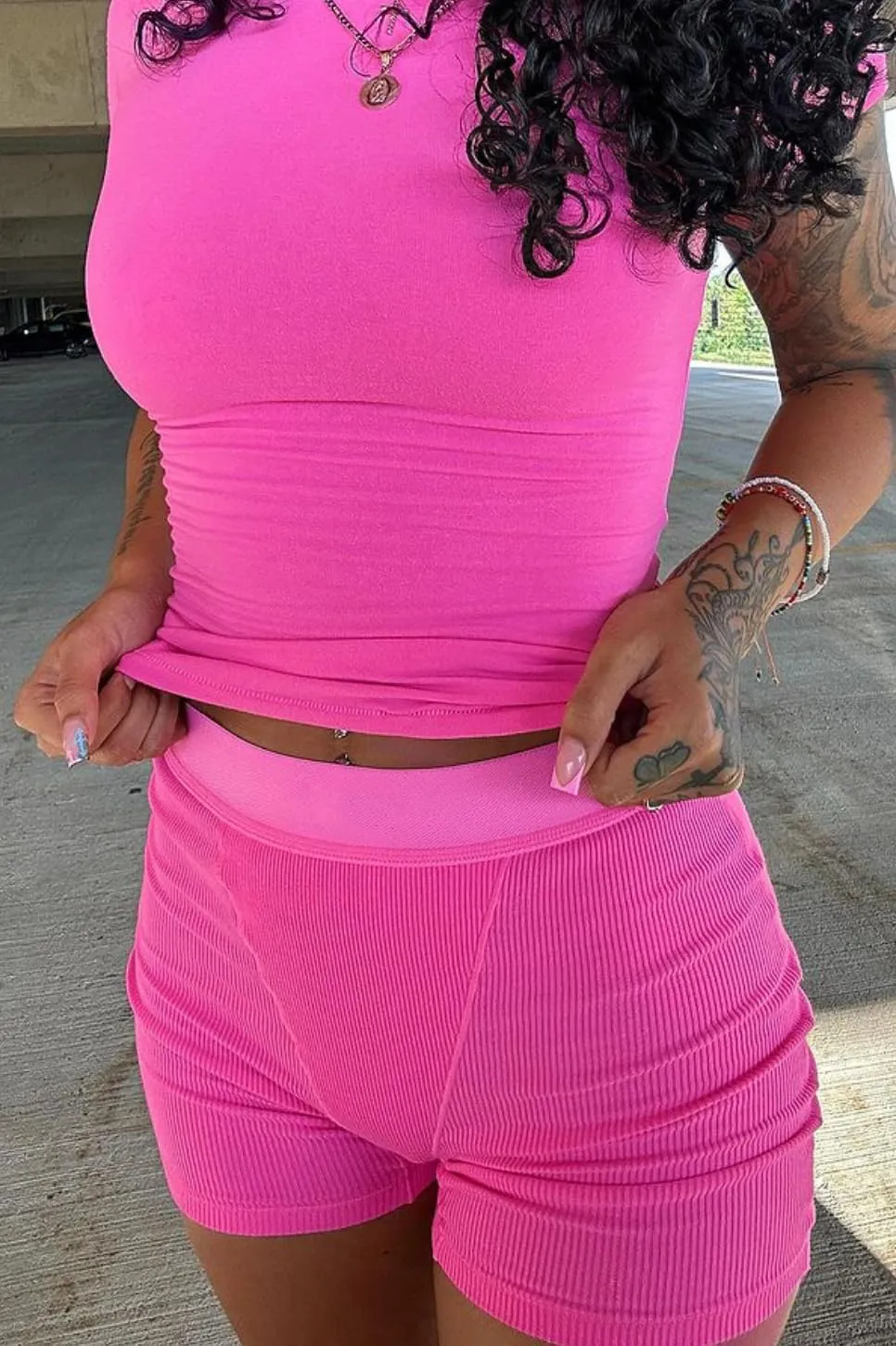 Women Casual Workout Sets 2 Pieces Lounge Wear High Waist Shorts Set Yoga Outfits Short Sleeve Ribbed Elastic Top