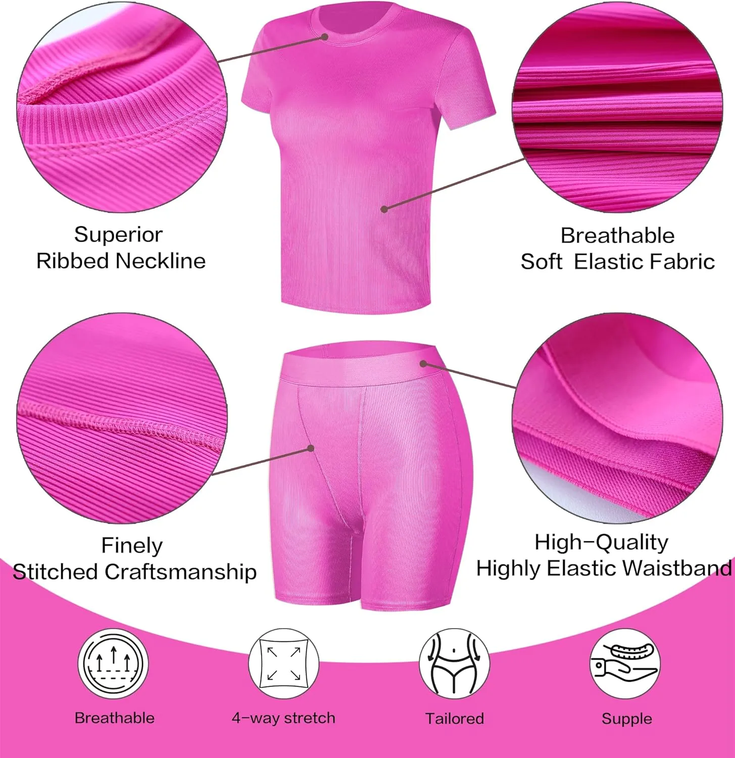 Women Casual Workout Sets 2 Pieces Lounge Wear High Waist Shorts Set Yoga Outfits Short Sleeve Ribbed Elastic Top