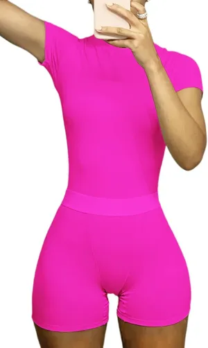 Women Casual Workout Sets 2 Pieces Lounge Wear High Waist Shorts Set Yoga Outfits Short Sleeve Ribbed Elastic Top