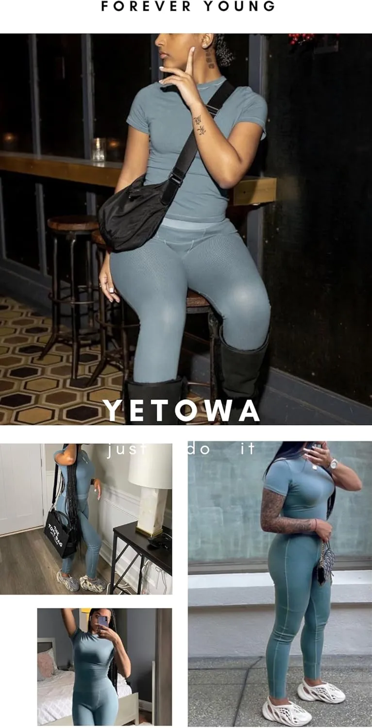 Women Casual Workout Sets 3 Pieces Lounge Wear Yoga Outfits Short Sleeve Ribbed Top Elastic High Waist Leggings
