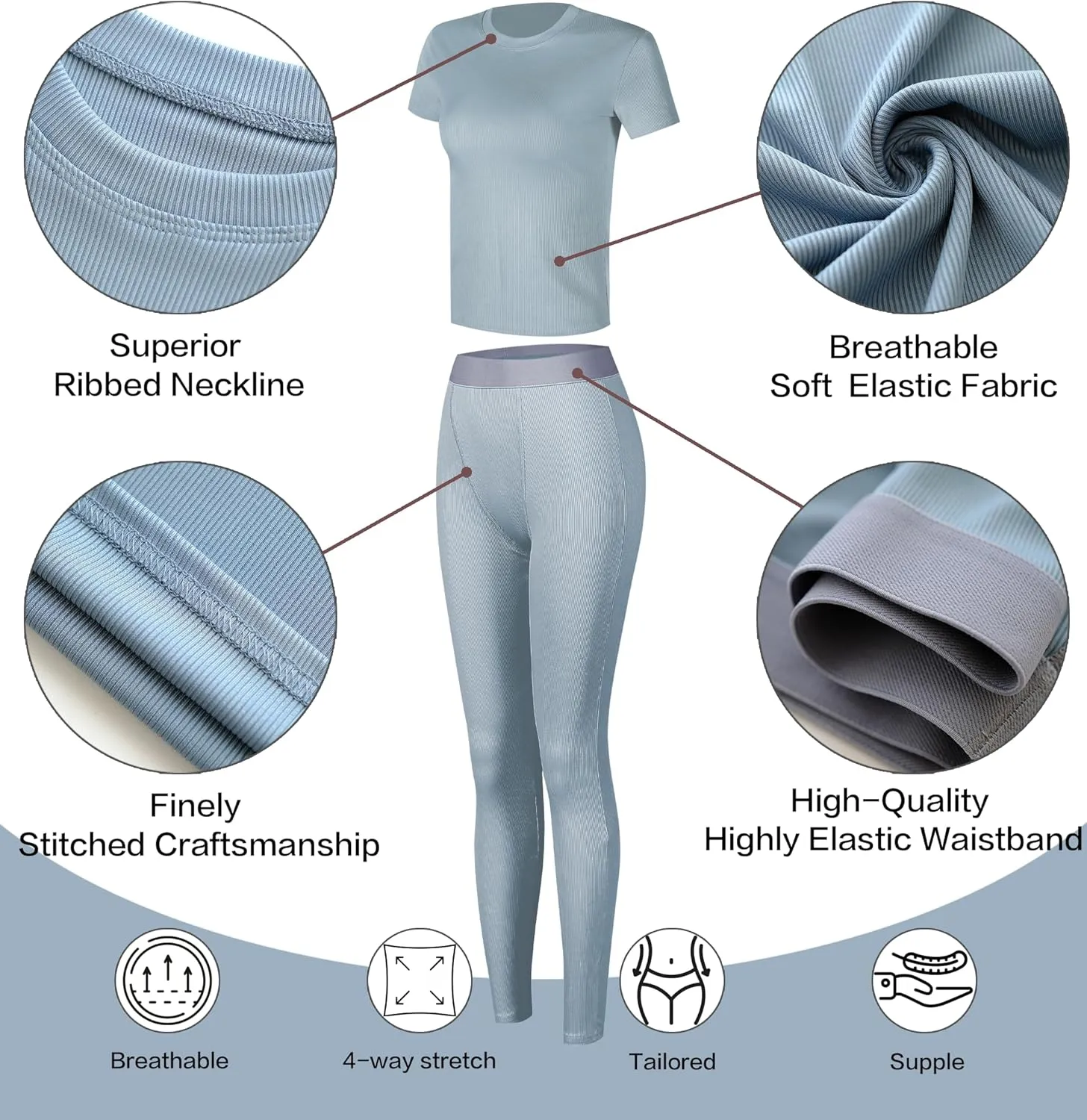 Women Casual Workout Sets 3 Pieces Lounge Wear Yoga Outfits Short Sleeve Ribbed Top Elastic High Waist Leggings