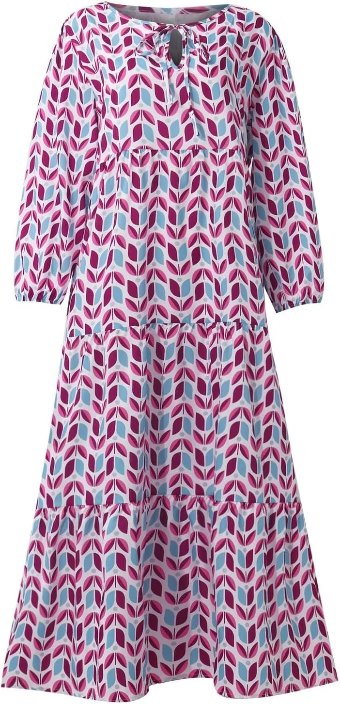 Women Dresses Long Sleeve Smocked Floral Print Maxi Plus Size Elegant Party Bohemian Flowy Dress