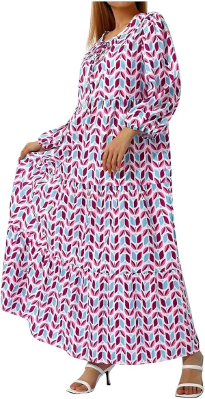 Women Dresses Long Sleeve Smocked Floral Print Maxi Plus Size Elegant Party Bohemian Flowy Dress