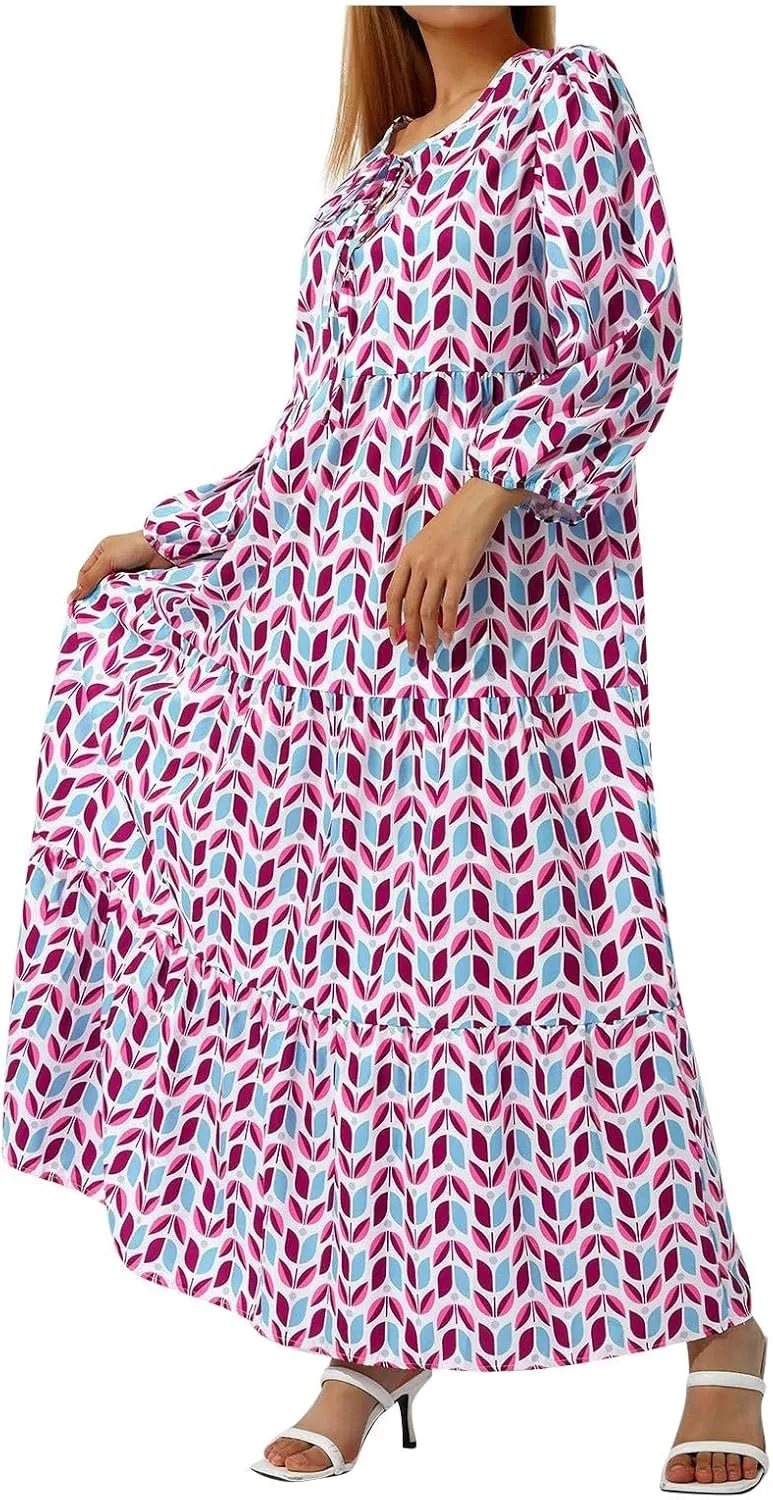 Women Dresses Long Sleeve Smocked Floral Print Maxi Plus Size Elegant Party Bohemian Flowy Dress