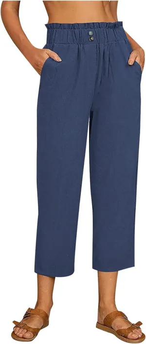 Women Elastic Waist Linen Pants Womens Casual Comfy Jogging Pants Ankle Length Trousers Jogger Pants with Pockets