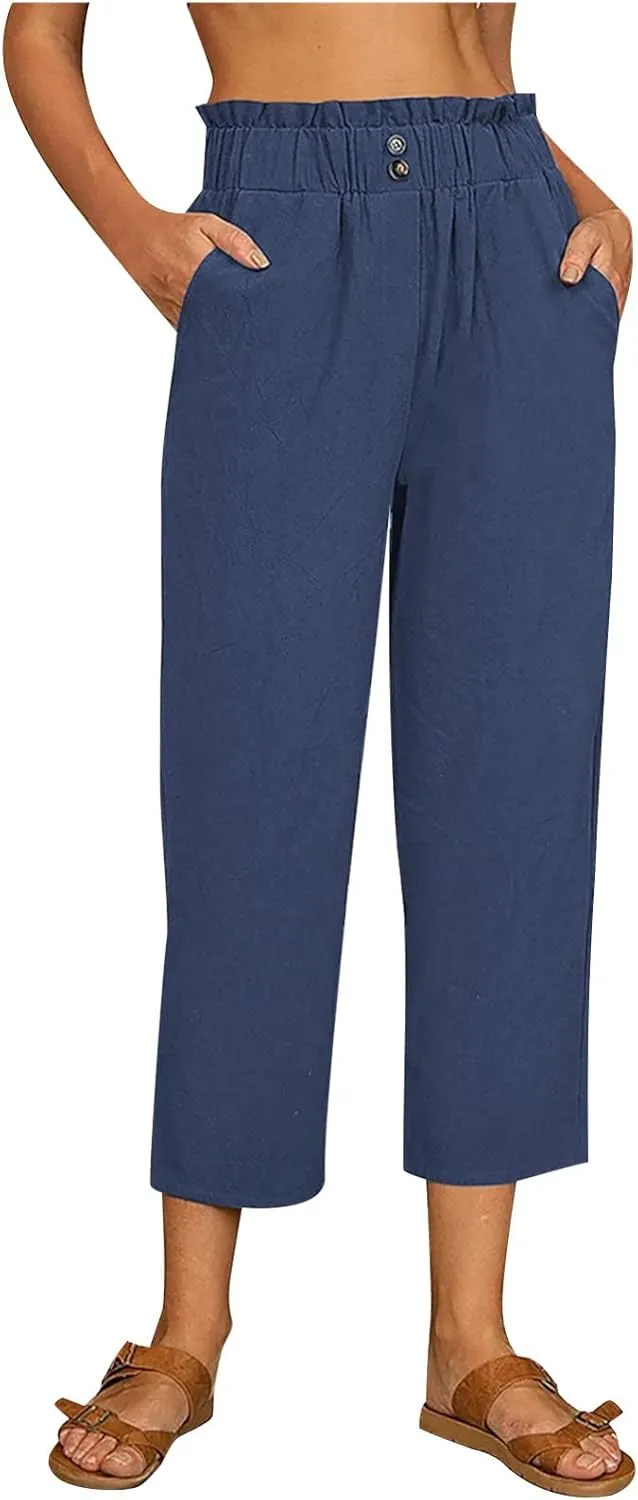 Women Elastic Waist Linen Pants Womens Casual Comfy Jogging Pants Ankle Length Trousers Jogger Pants with Pockets