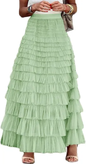 Women Elegant Layered Ruffles Mesh Tiered Skirt Sheer Mesh Lace Floral A Line High Waist Long Maxi Tulle Skirt