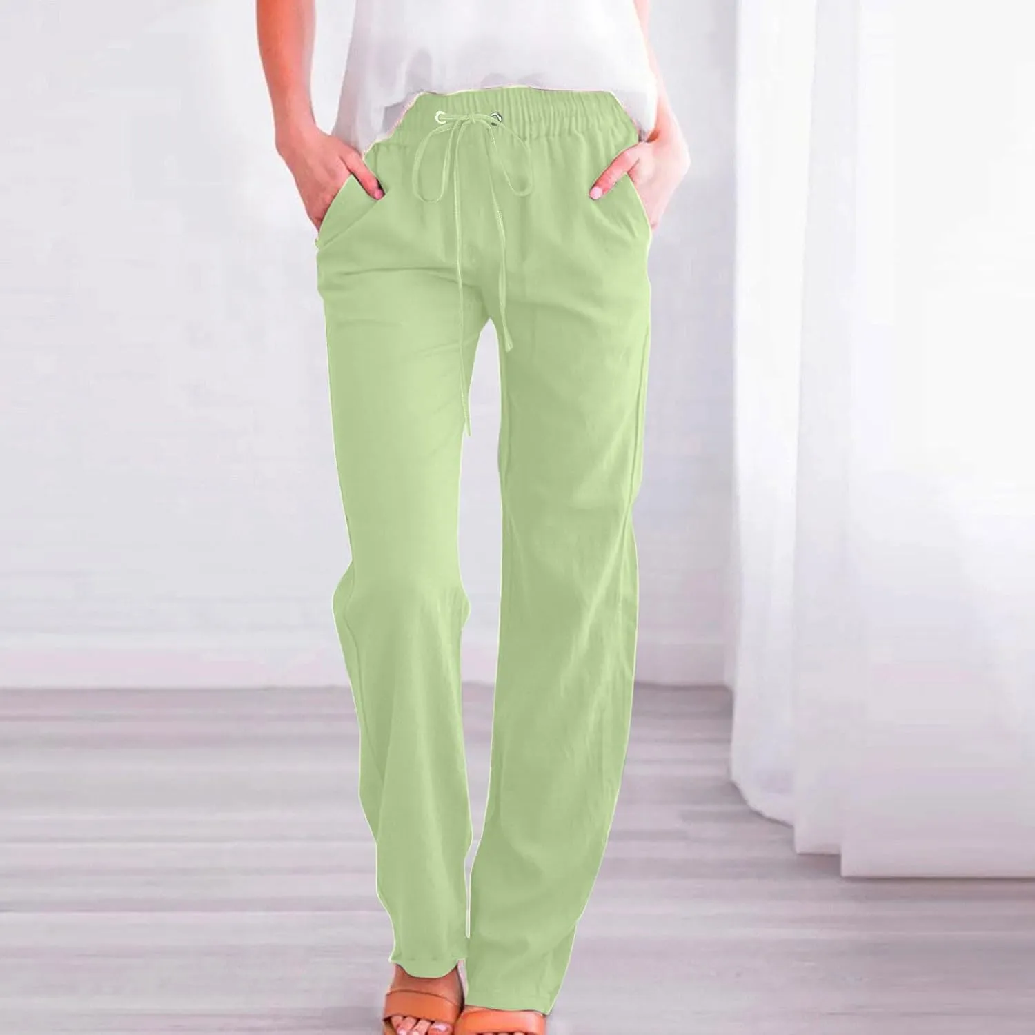 Women Linen Cotton Pants Lounge Pant Wide Leg Beach Pants 2025 Beach Vacation Clothes with Pockets
