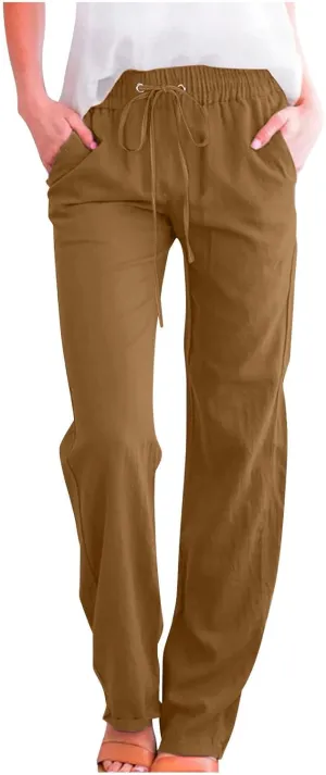 Women Linen Cotton Pants Lounge Pant Wide Leg Beach Pants 2025 Beach Vacation Clothes with Pockets