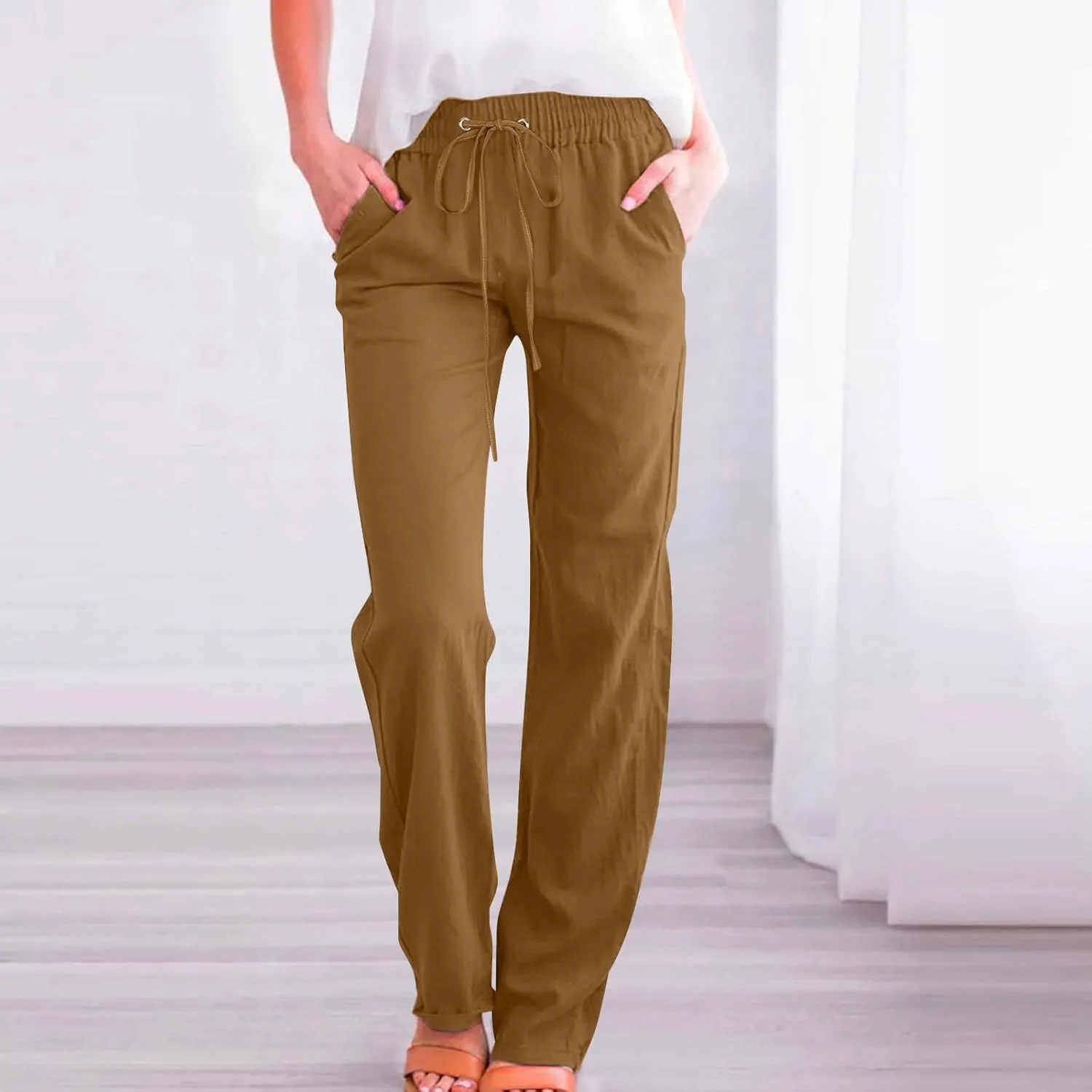 Women Linen Cotton Pants Lounge Pant Wide Leg Beach Pants 2025 Beach Vacation Clothes with Pockets