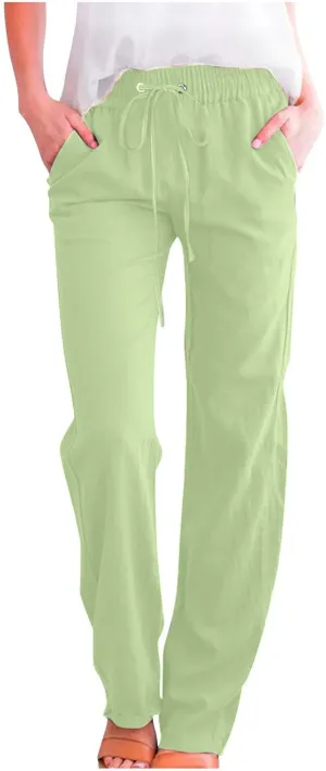 Women Linen Cotton Pants Lounge Pant Wide Leg Beach Pants 2025 Beach Vacation Clothes with Pockets