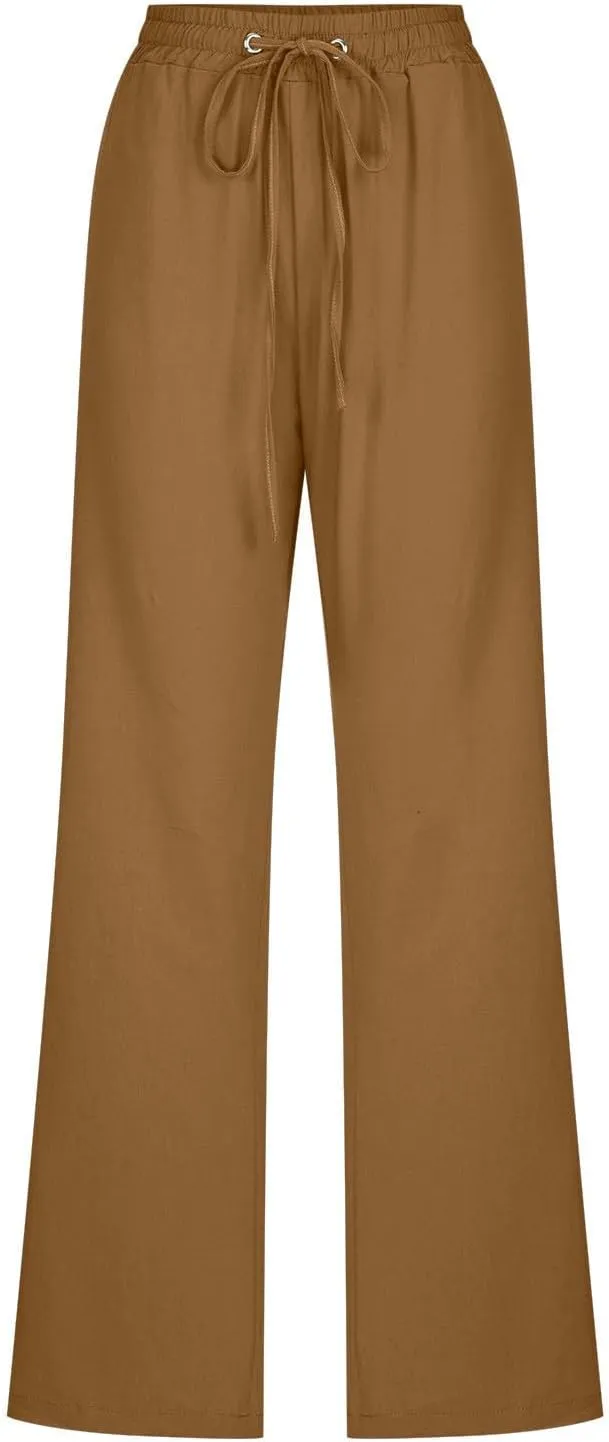 Women Linen Cotton Pants Lounge Pant Wide Leg Beach Pants 2025 Beach Vacation Clothes with Pockets