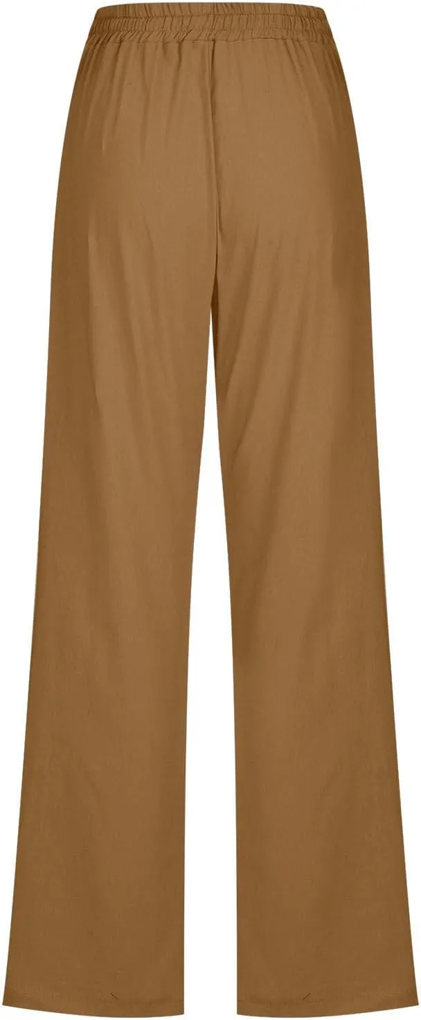 Women Linen Cotton Pants Lounge Pant Wide Leg Beach Pants 2025 Beach Vacation Clothes with Pockets