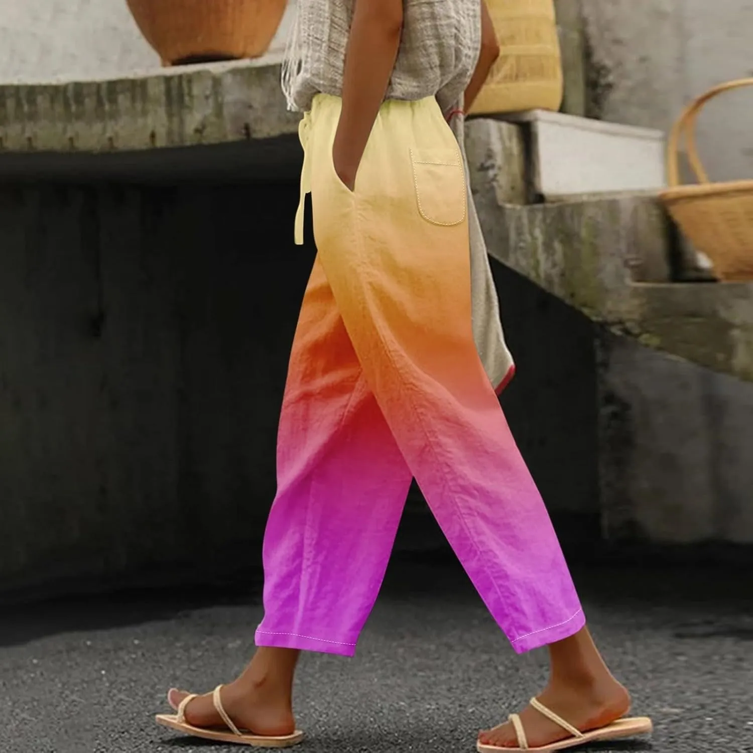 Women Linen Pants Lightweight Capri Pants Cotton Linen High Waisted Trousers Loose Summer Lounge Long Trousers