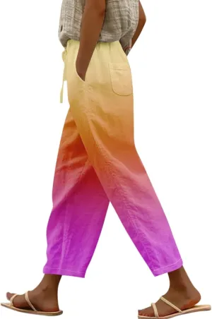 Women Linen Pants Lightweight Capri Pants Cotton Linen High Waisted Trousers Loose Summer Lounge Long Trousers