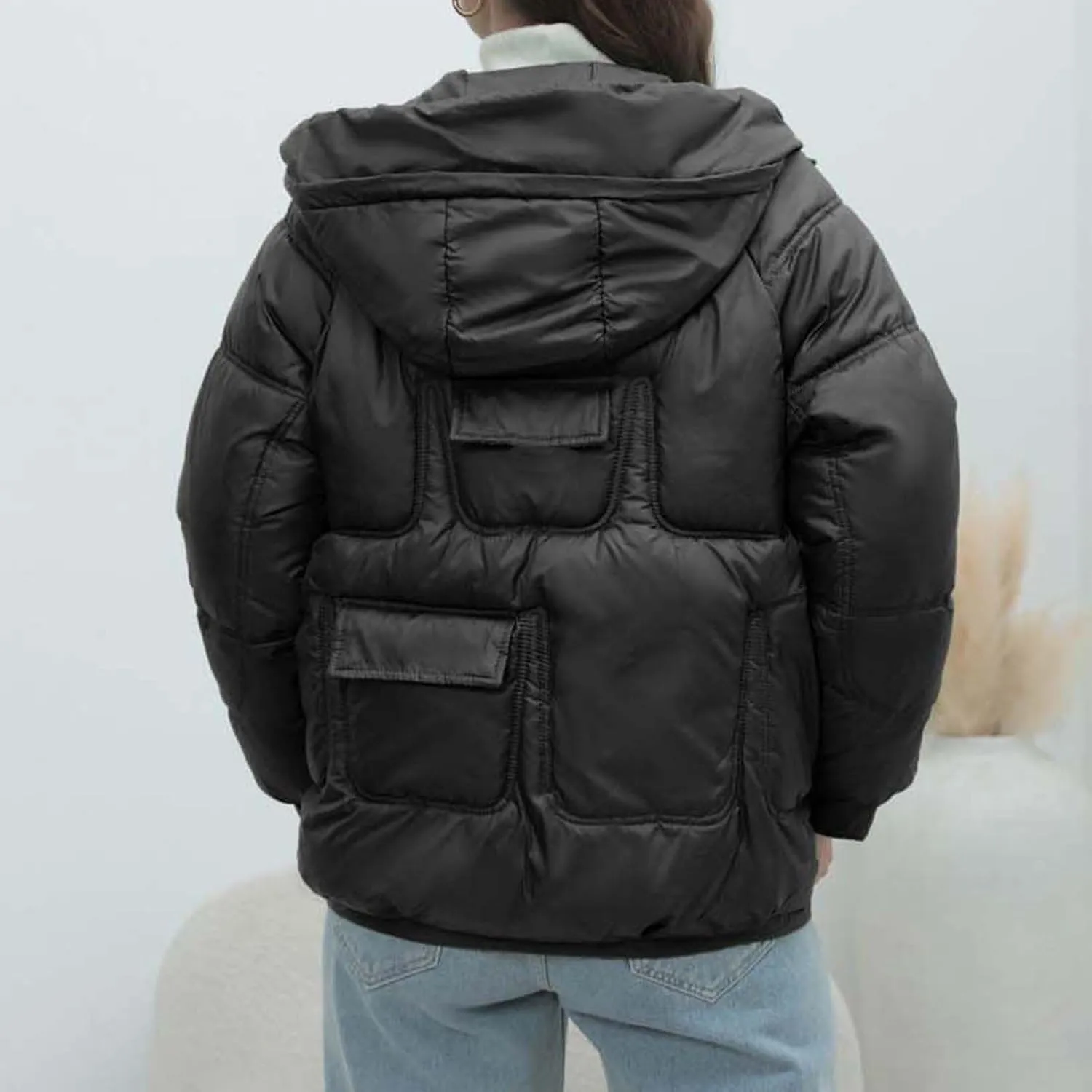 Women Quilted Dolman Puffer Jacket Long Sleeve Stand Collar Lightweight Warm Hoodies Short Padded Coat with Pockets