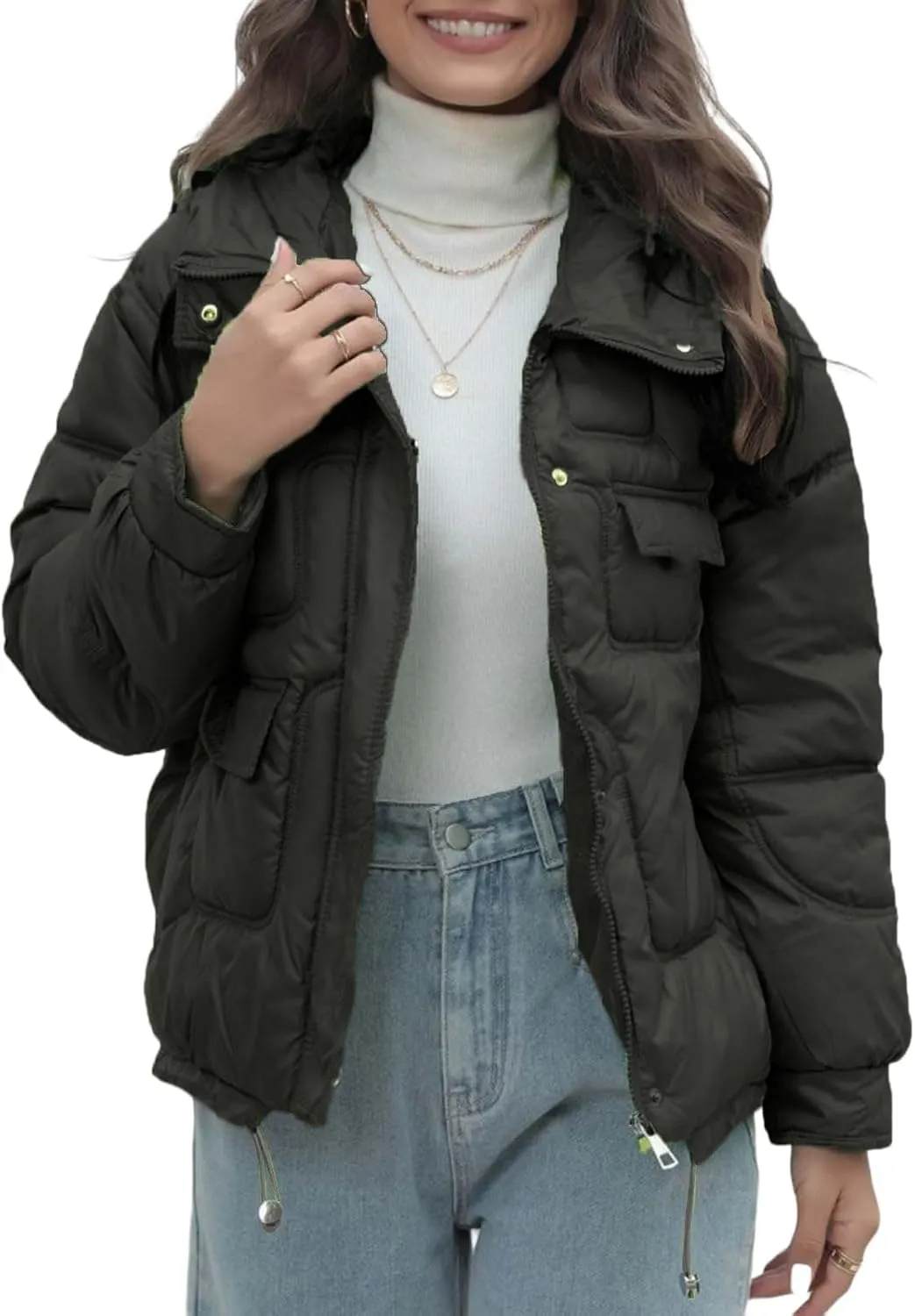 Women Quilted Dolman Puffer Jacket Long Sleeve Stand Collar Lightweight Warm Hoodies Short Padded Coat with Pockets